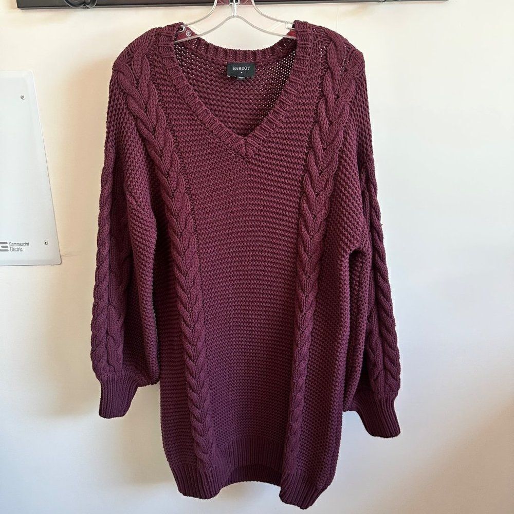Bardot Maroon Knit Chunky Sweter Cable Knit Dress V-Neck Medium